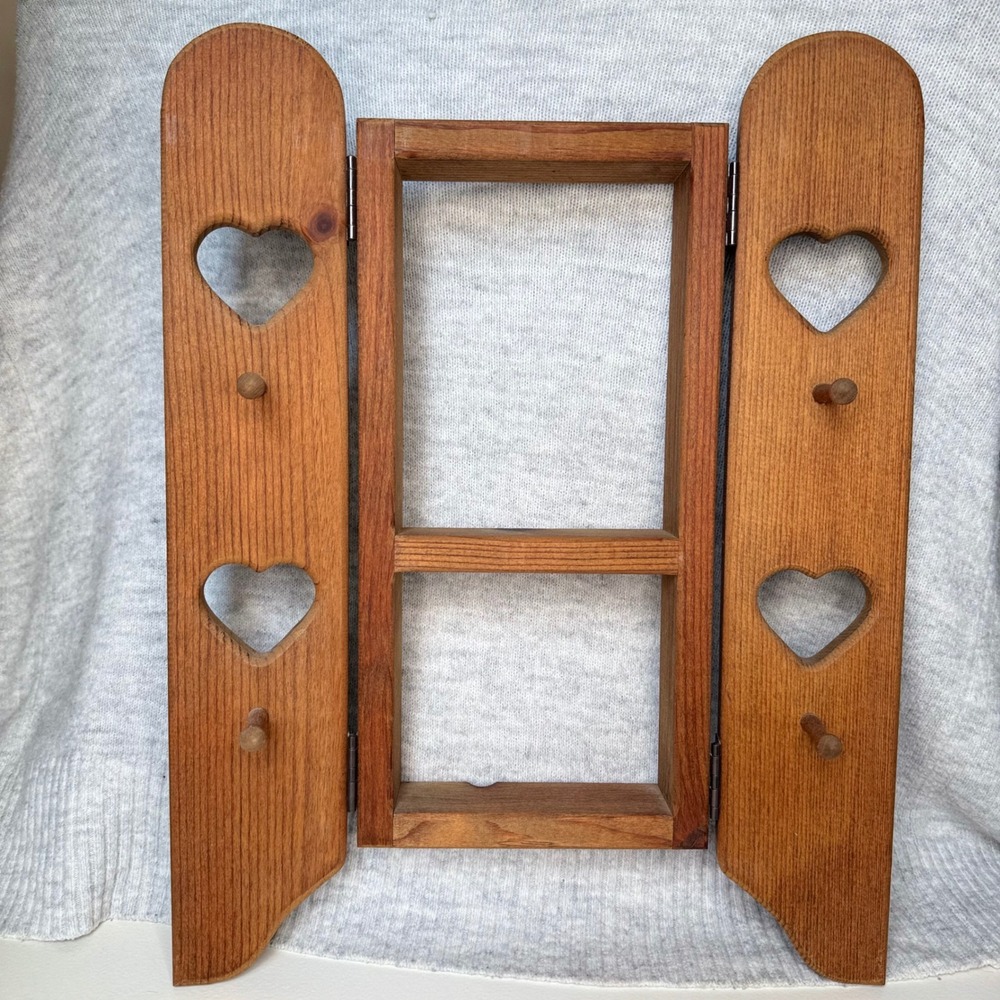 Vintage Rustic 18" Wood Heart Cutout Wall Shelf Shadow Box with Hanging Pegs
